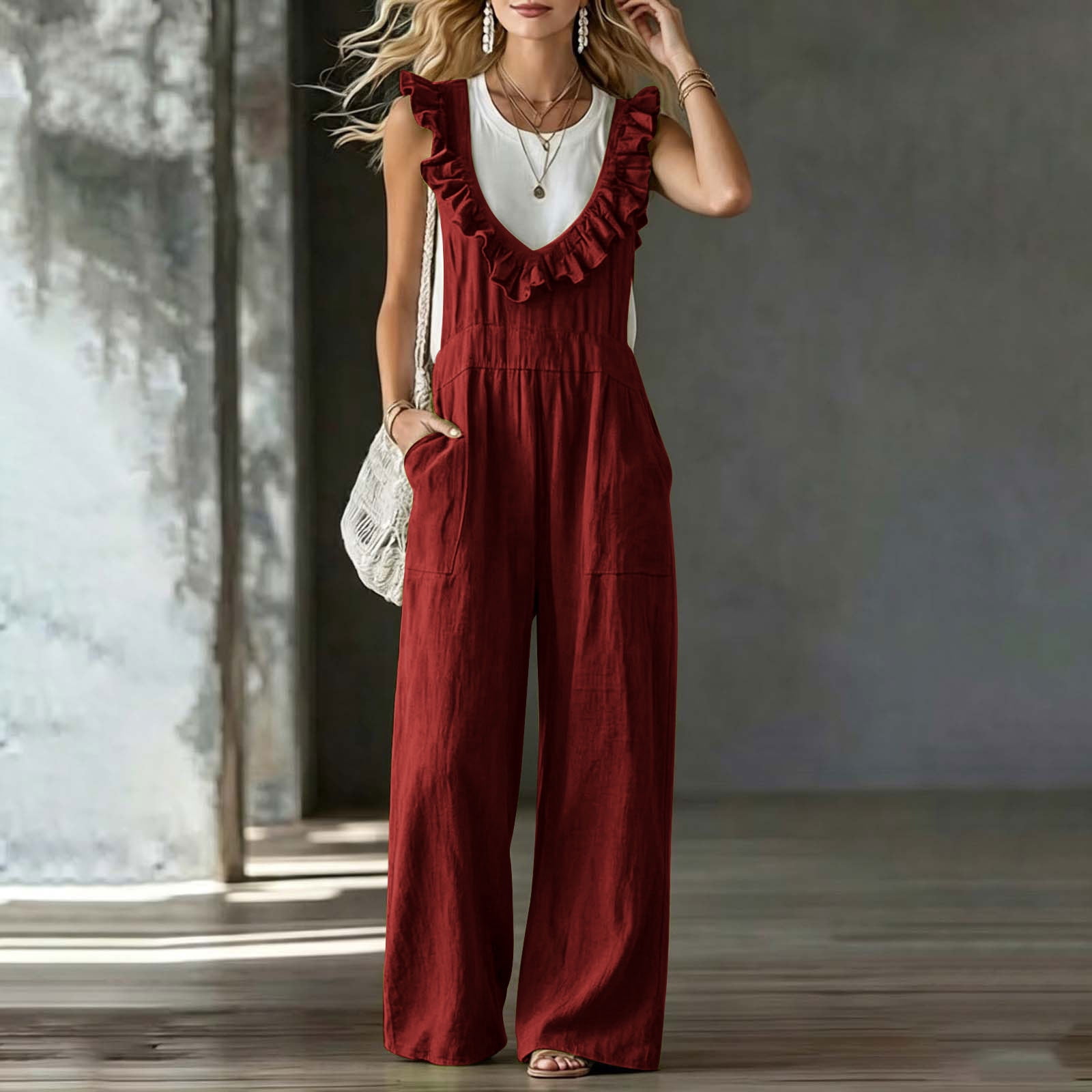 Costeam Womens Ruffle Trim V Neck Sleeveless Wide Leg Jumpsuit