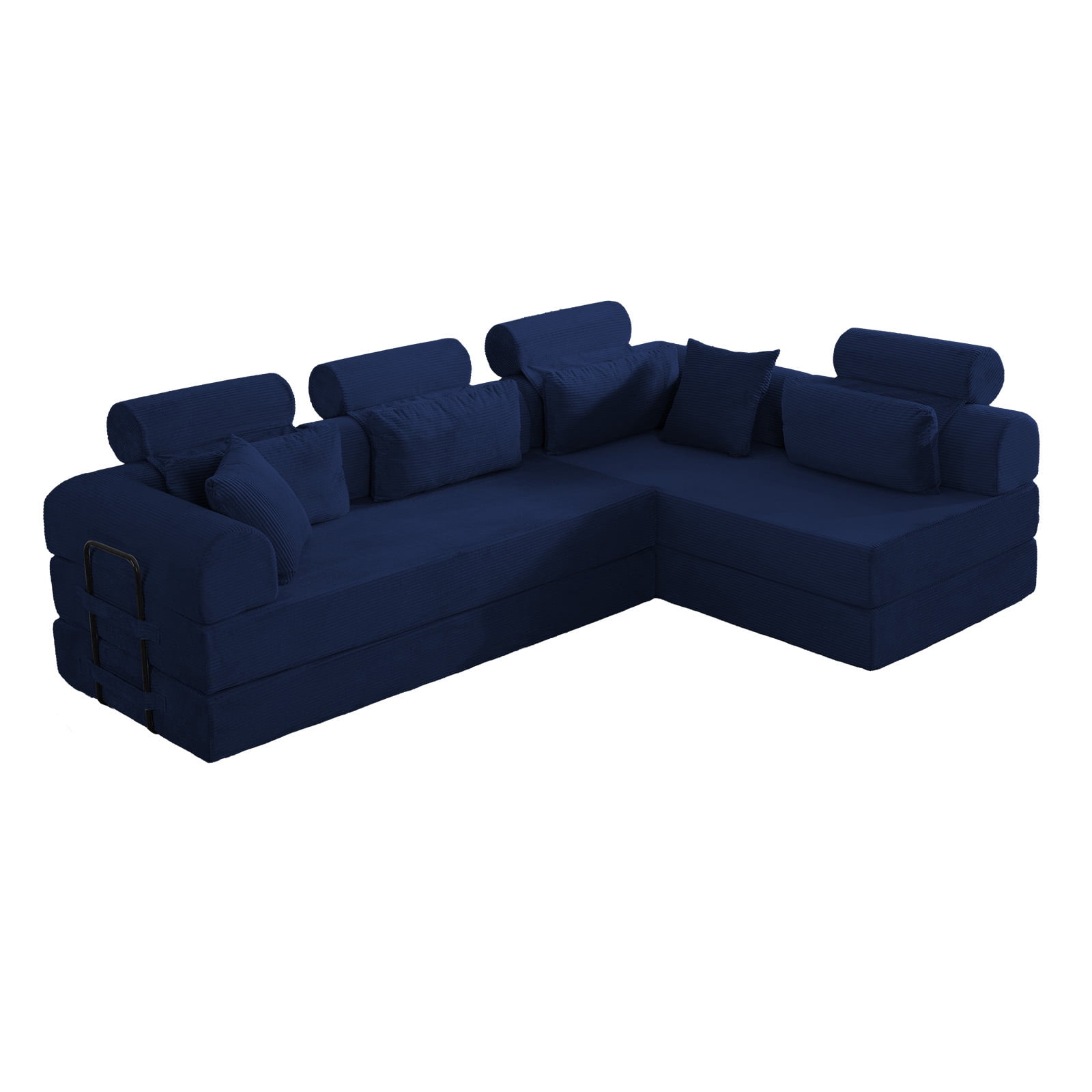 L-Shaped Sectional Sofa Converts to Bed, Corduroy Chaise Lounge with 28D High-Density Foam, No Assembly Compressed Couch for Apartments and Studios, Blue