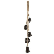 DecMode Tibetan Inspired Cascading Black Metal Cluster Decorative Cow Bells with 5 Bells on Jute Hanging Rope
