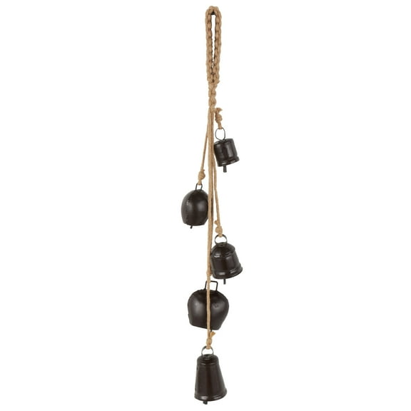DecMode Tibetan Inspired Cascading Black Metal Cluster Decorative Cow Bells with 5 Bells on Jute Hanging Rope