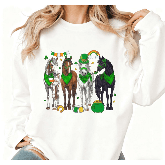 Women's St Patrick Day Irish Horse Graphic Comfortable Sweatshirt Casual Breathable Round-neck long-sleeved White S-3XL