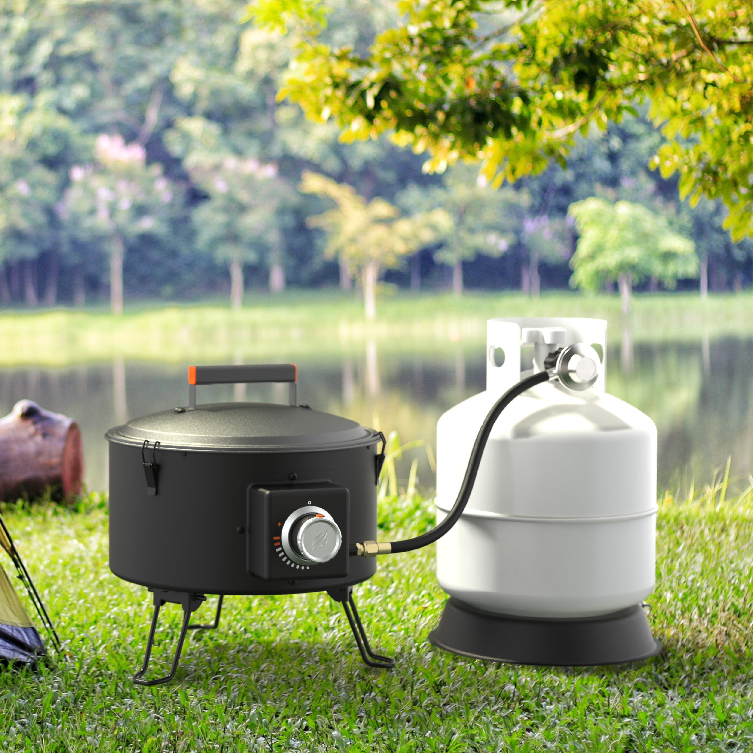 Blackstone Adventure Ready 15” Propane Fire Pit with Propane Tank Stand, Lava Rock, and Bulk Tank Adapter Hose