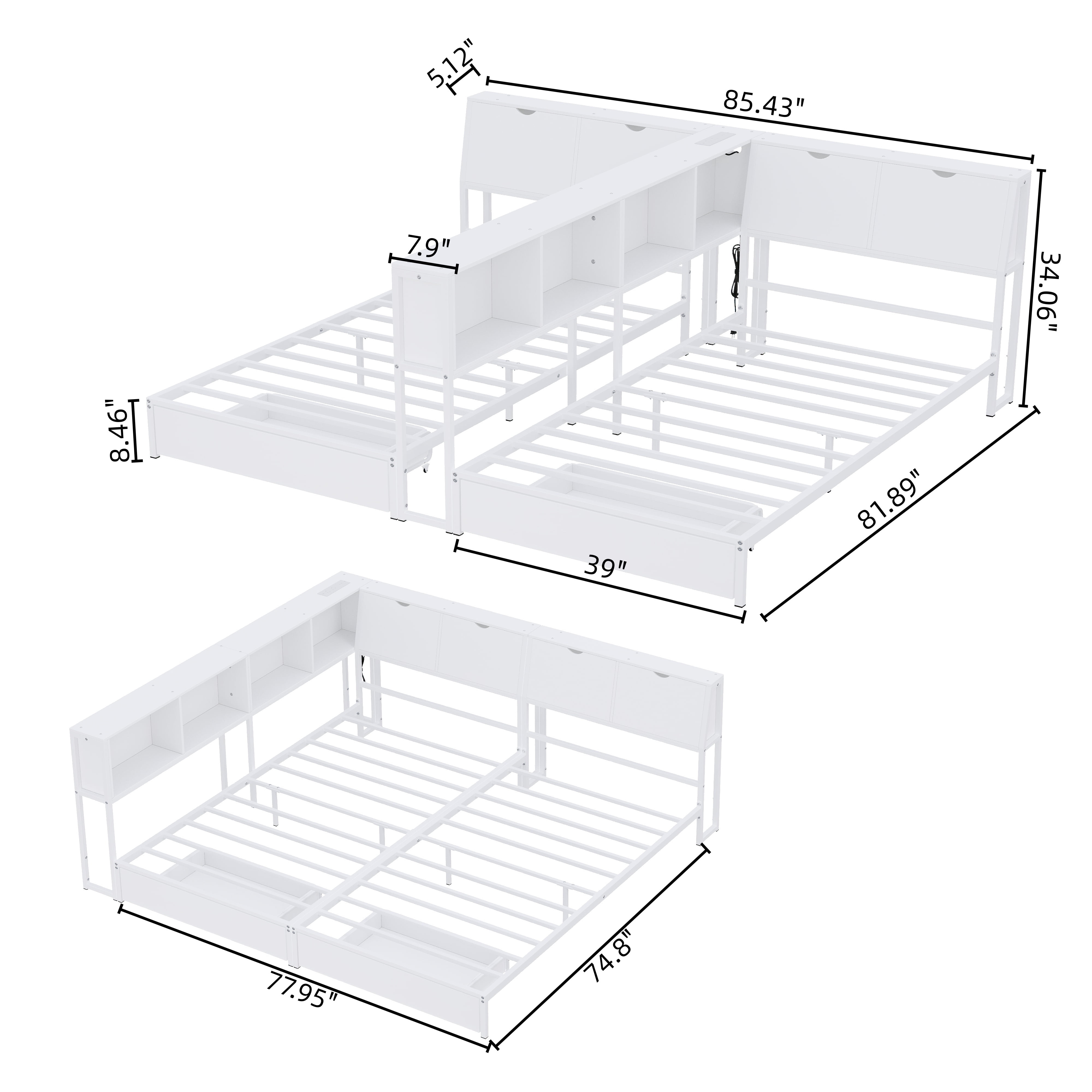 2 x Twin Size Metal Platform Bed Frame with Storage Headboard, Detachable Daybed with LED Lights, Drawers and Side Shelves