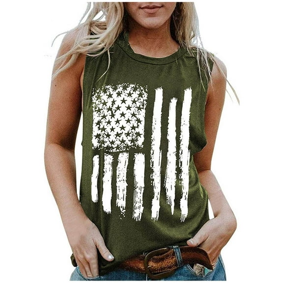OAVQHLG3B 4th of July Outfits for Women American Flag T Shirt O-Neck Sleeveless Patriotic Shirts Flag Print Tank Tops Shirts