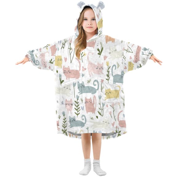 Kids Wearable Blanket Hoodie with 2 Pockets Colorful Little Cat Oversize Blankets Sweatshirt for Children Small