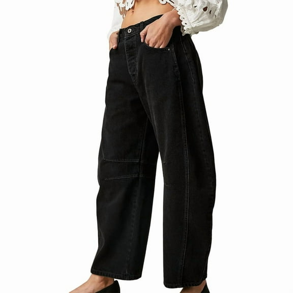 Women'S Vintage Low Waist Stretchy Boyfriend Wide Leg Jeans Butt Lifting Baggy Denim Pants Black XL