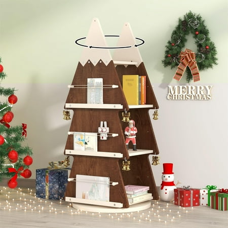 

LANTRO JS Christmas Rotating Bookshelf Wooden Storage Rack for Kids Room 360° Display Organizer for Study Room Walnut+Cream