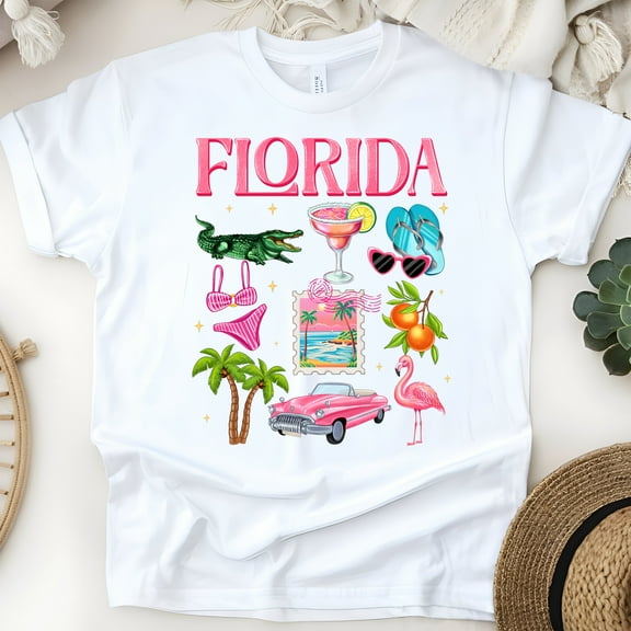 Colorful Florida Travel Shirt – Flamingo, Palm, and Margarita Beach Tee , White, Size S