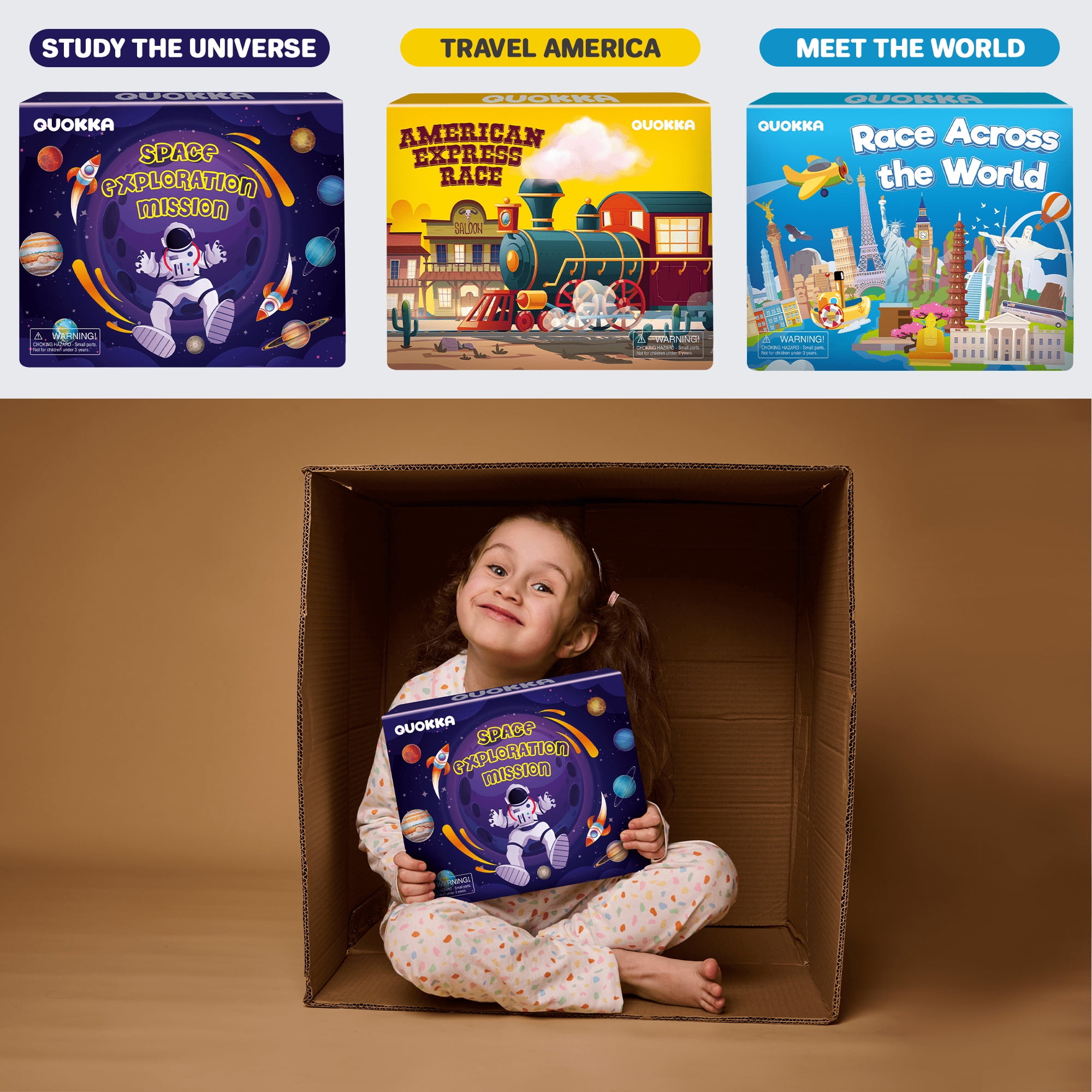 Quokka Learning Board Games for Kids 6-8 - Educational Trivia Cards Ages 8-12 - 3X Set World USA Map & Space