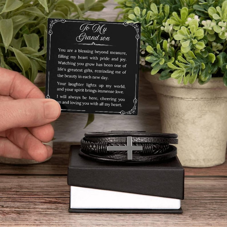 To My Grandson Bracelet from Grandmother/Grandfather, To My Grandson Gift, Bracelet for Grandson, Religious Gift, Grandparent to Son Gift, Cross Bracelet for Grandson with Message Card and Gift Box