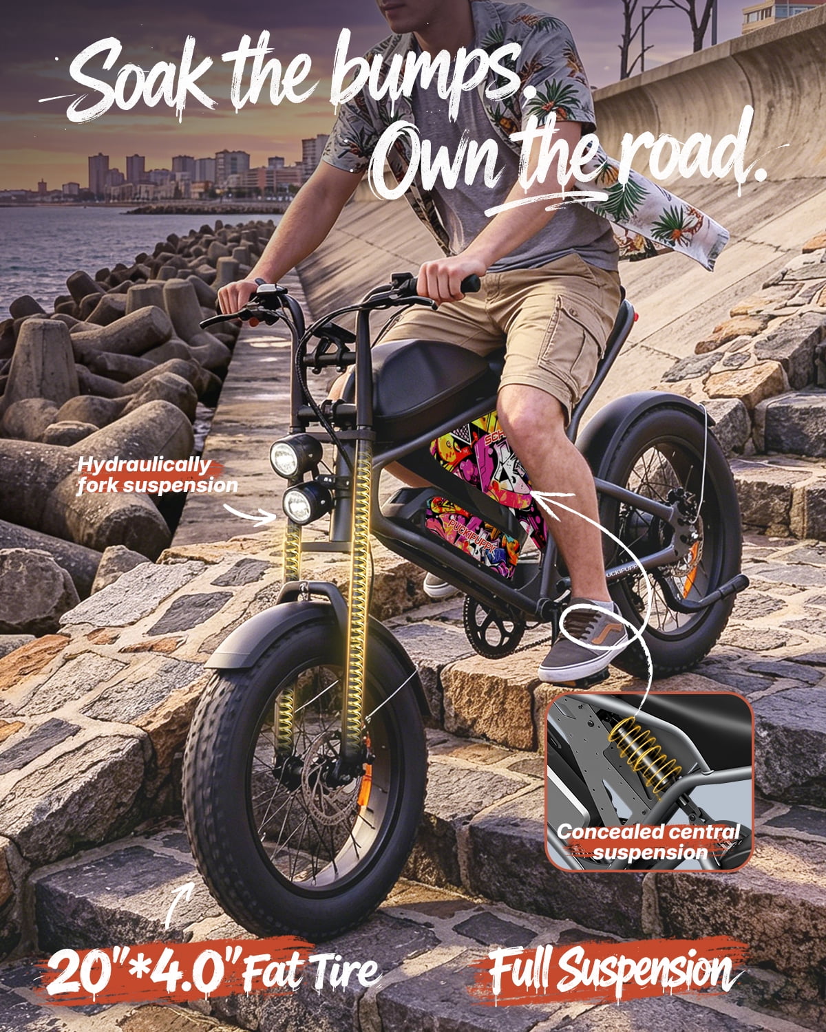 PUCKIPUPPY Electric Bikes for Adults 28mph Max Speed 960W Peak 60Miles Range Moped Style E-Bike 48V 15AH Battery 20" Fat Tire Full Suspension Ebikes 7-Speed E-Mountain Bike, Comply with UL2849 by SGS