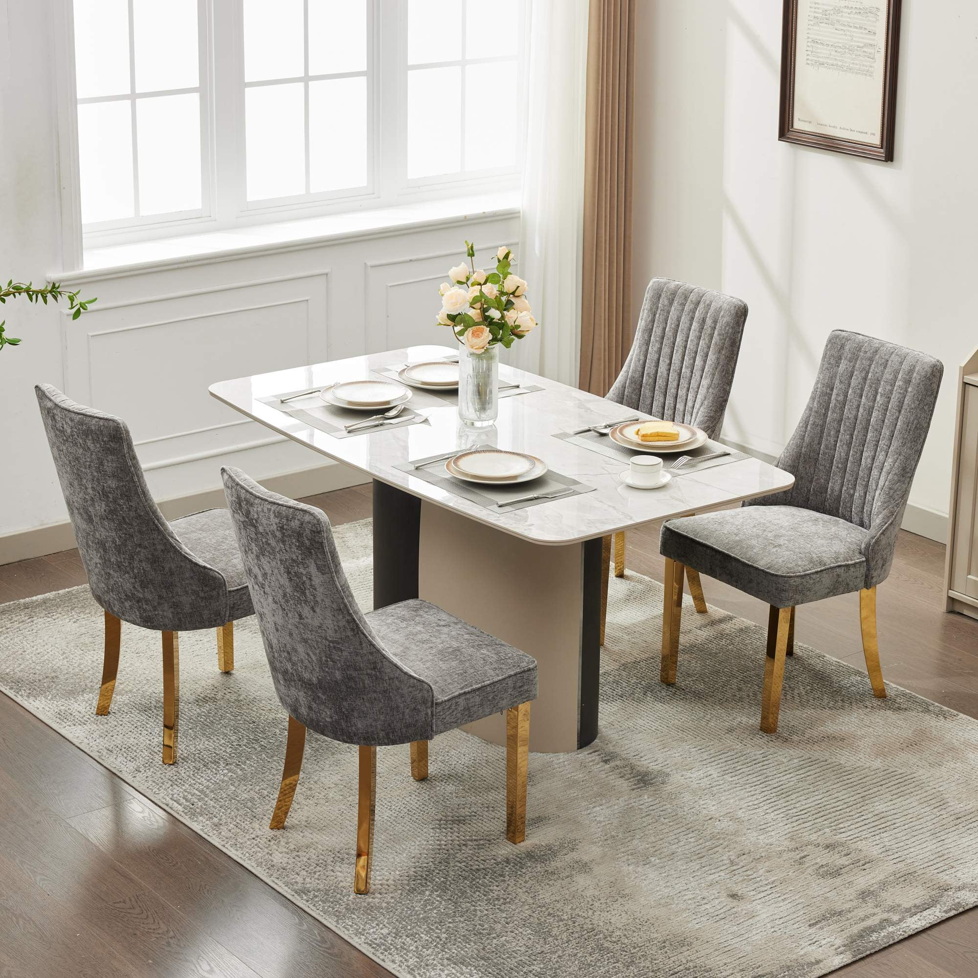 Aukfa Modern Chenille Dining Chairs Set of 2, Upholstered Kitchen Side Chair Accent Chair w/ Golden Steel Legs,Gray