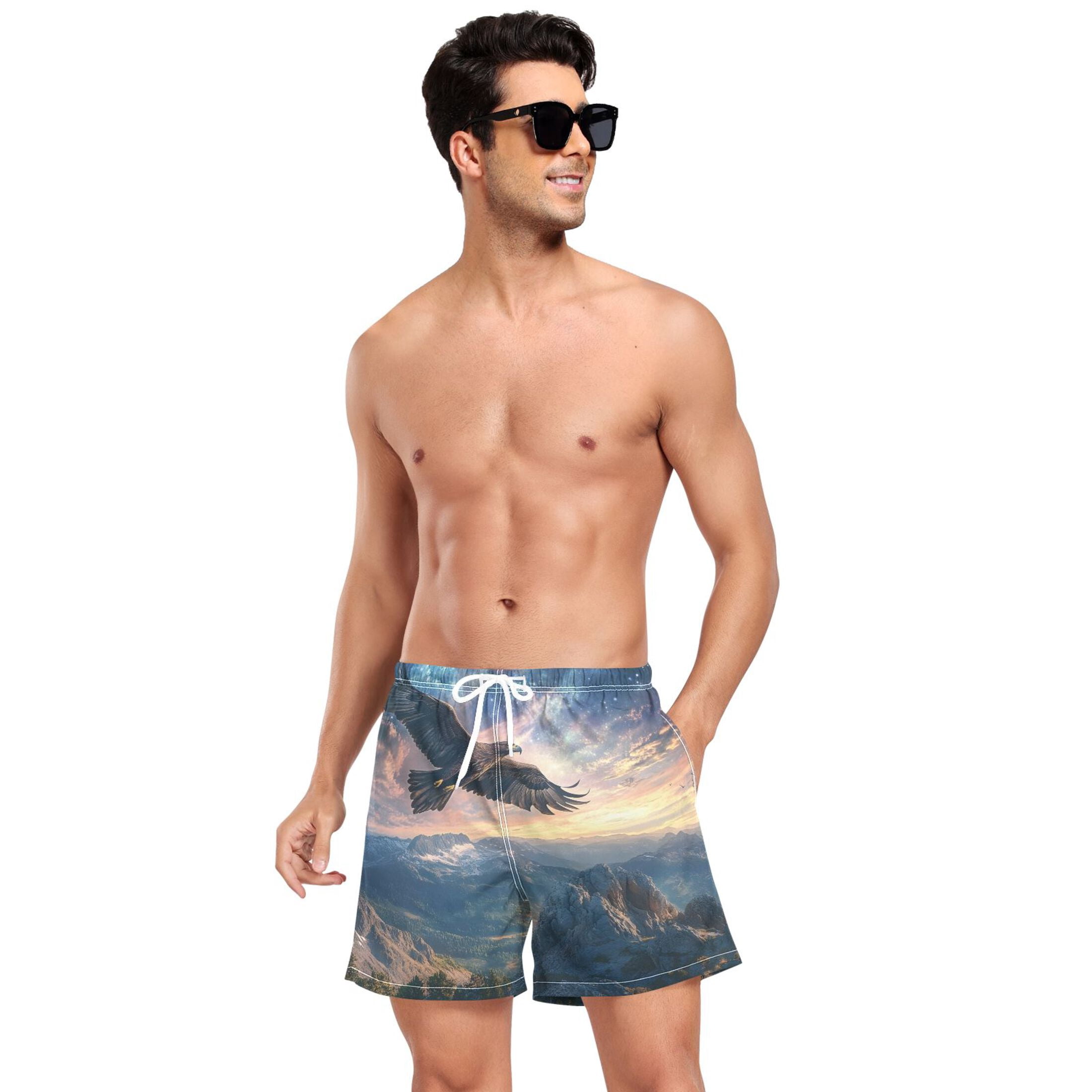 joogoo Men's Eagle Swim Trunks with Liner Pocket Beach Shorts XX-Large