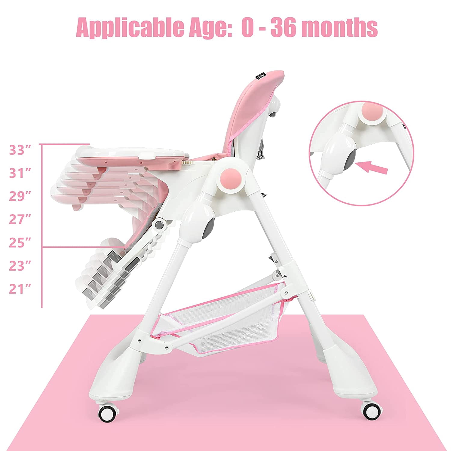 INFANS High Chair with One-Hand Removable Tray, 4 Lockable Wheels & Large Storage Basket - Multi-Adjustable Height, Footrest, Removable Cushion, Foldable for Baby, Infant& Toddler, Pink