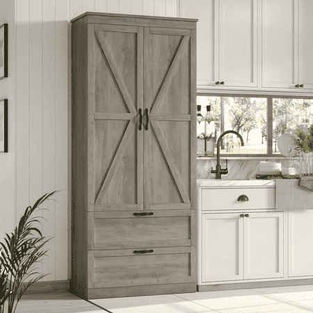 Homfa Garde-Manger de Cuisine de 70 Pieds' de Hauteur avec Tablette et Tiroir, Armoire de Rangement de Style Ferme à 2 Portes pour Salle à Manger et Salon, Gris Lavé