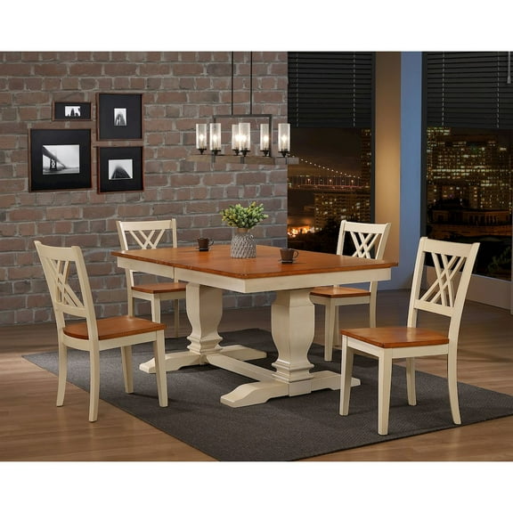 Iconic Furniture RT82-TR-CH56-CL-BI 5 42 x 64 x 82 in. Double Pedestal Transitional Antiqued X-Back Chair Dining Set with Caramel & Biscotti Finish - 5 Piece