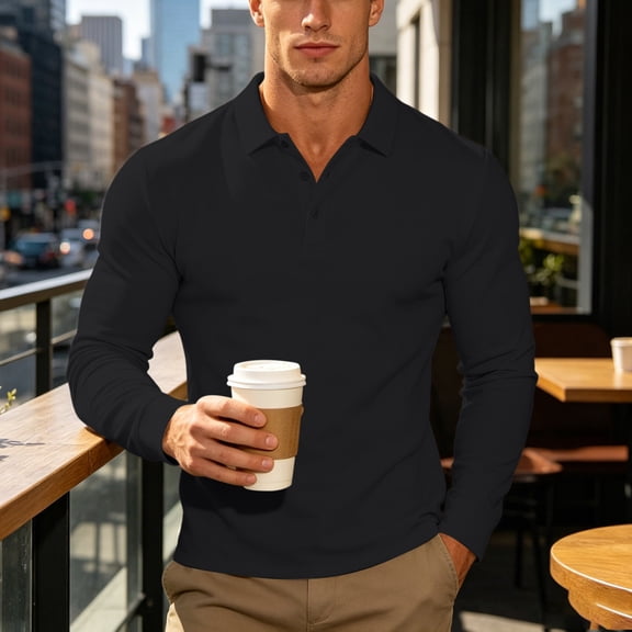 Ceisia Men's Classic Long Sleeve Polo Shirts With Button Placket Black XXL Gift