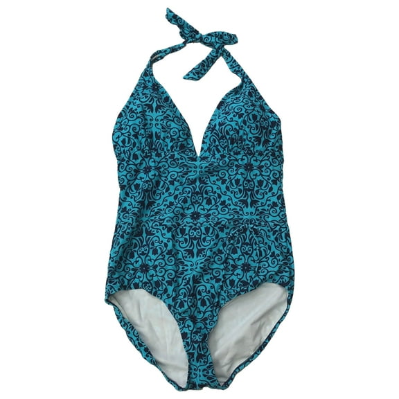Womens Teal & Blue Floral Paisley 1pc Halter Swimming Swim Suit Size 14