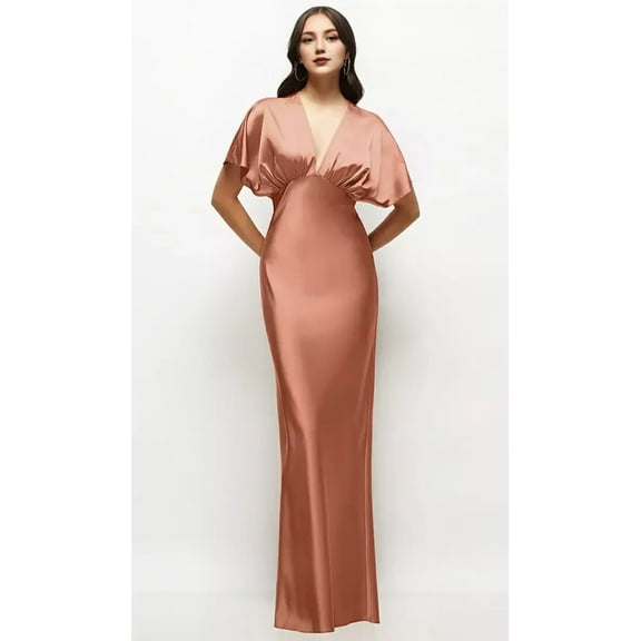 Plunge Neck Kimono Sleeve Satin Bias Maxi Dress Long Bridesmaid Dresses