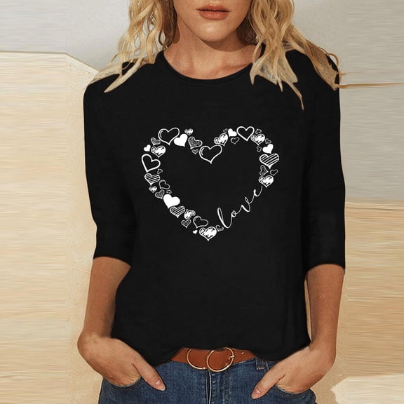 Womens Black Valentine's Day Top - Love Print Heart Pattern Loose Crew Neck Long Sleeve 100% Polyester Casual Romantic Blouse (XS-XL),Size 2XL