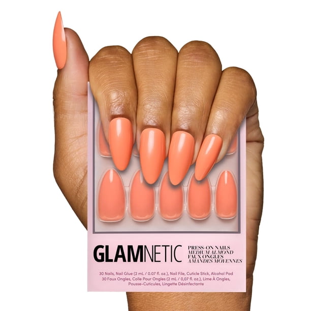 Glamnetic Press On Nails - Mandarina suave | Uñas postizas brillantes de color naranja almendra mediana, uñas postizas reutilizables | 15 tamaños - Kit de 30 uñas con pegamento