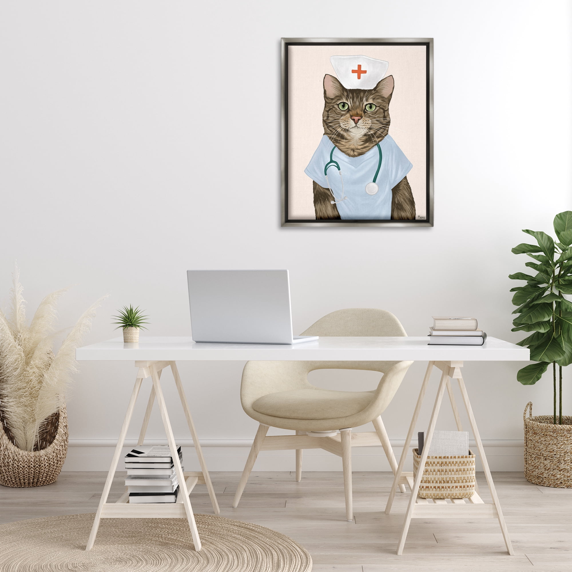 Stupell Industries Nurse Doctor Cat Animals & Insects Painting Gray Floater Framed Canvas Art Print Wall Art, 25 x 31