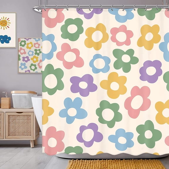 Cute Pastel Flower Shower Curtain, Boho Retro Floral 70S Aesthetic Fabric Shower Curtains Set for Girls Kids Bathroom Groovy Pink Floral Funky Decoration with Hooks 72 X 72 Inch Bath Decor