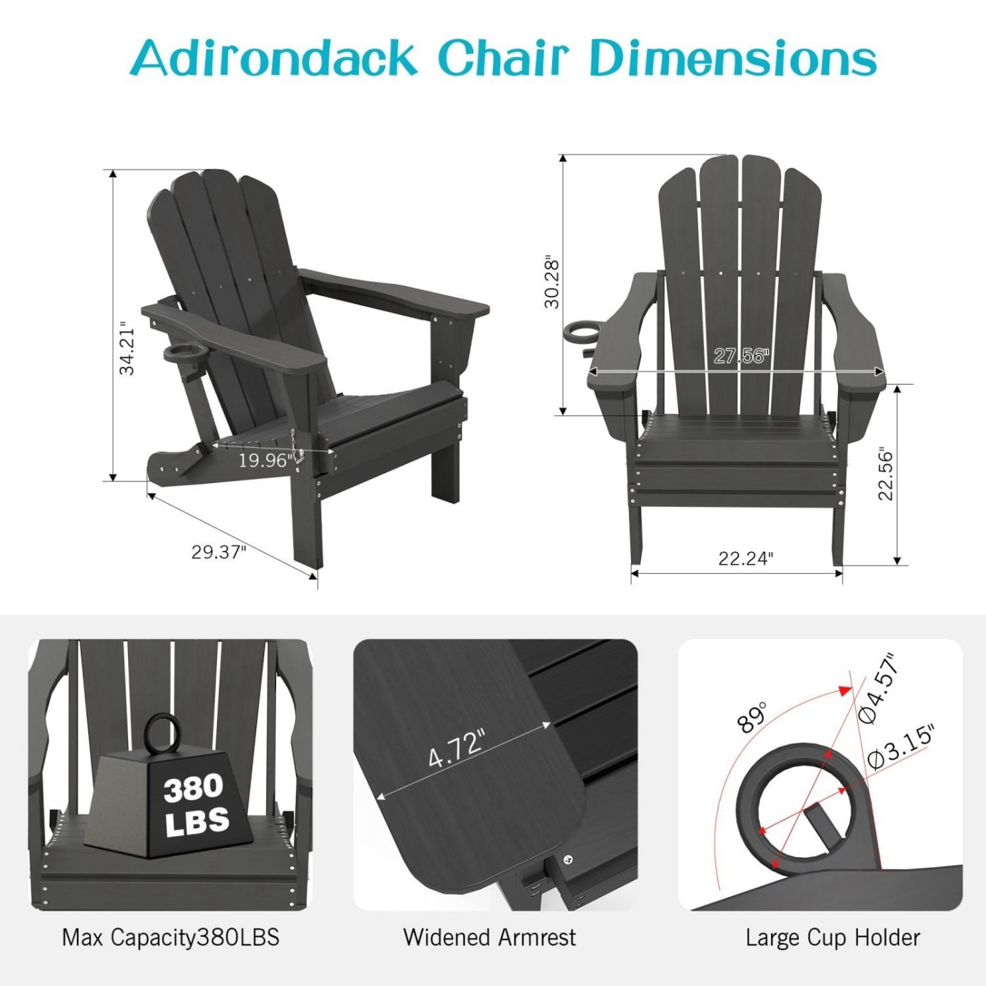 Adirondack Chairs Set of 2, Folding HDPE Outdoor Chairs with Cup Holders, Weather Resistant Patio Chairs with Wood Grain Finish for Lawn, Deck, Fire Pit, Gray