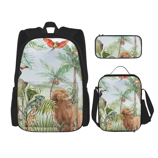 Balery Watercolor African Animals Wildlife Mochila escolar 3 en 1 para niños: mochila resistente con lonchera térmica y estuche para lápices. Mochila escolar para niños y niñas.