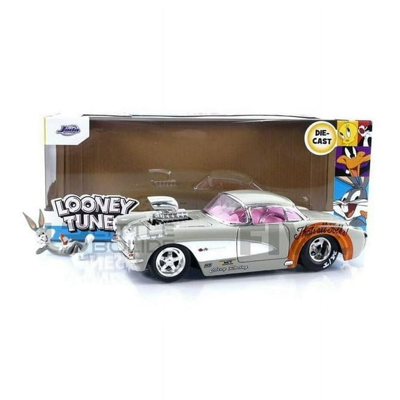 Beige with Pink Interior with Bugs Bunny Figure Looney Tunes Hollywood Rides Series 1 by 24 Scale Diecast Model Car for 1957 Chevrolet Corvette