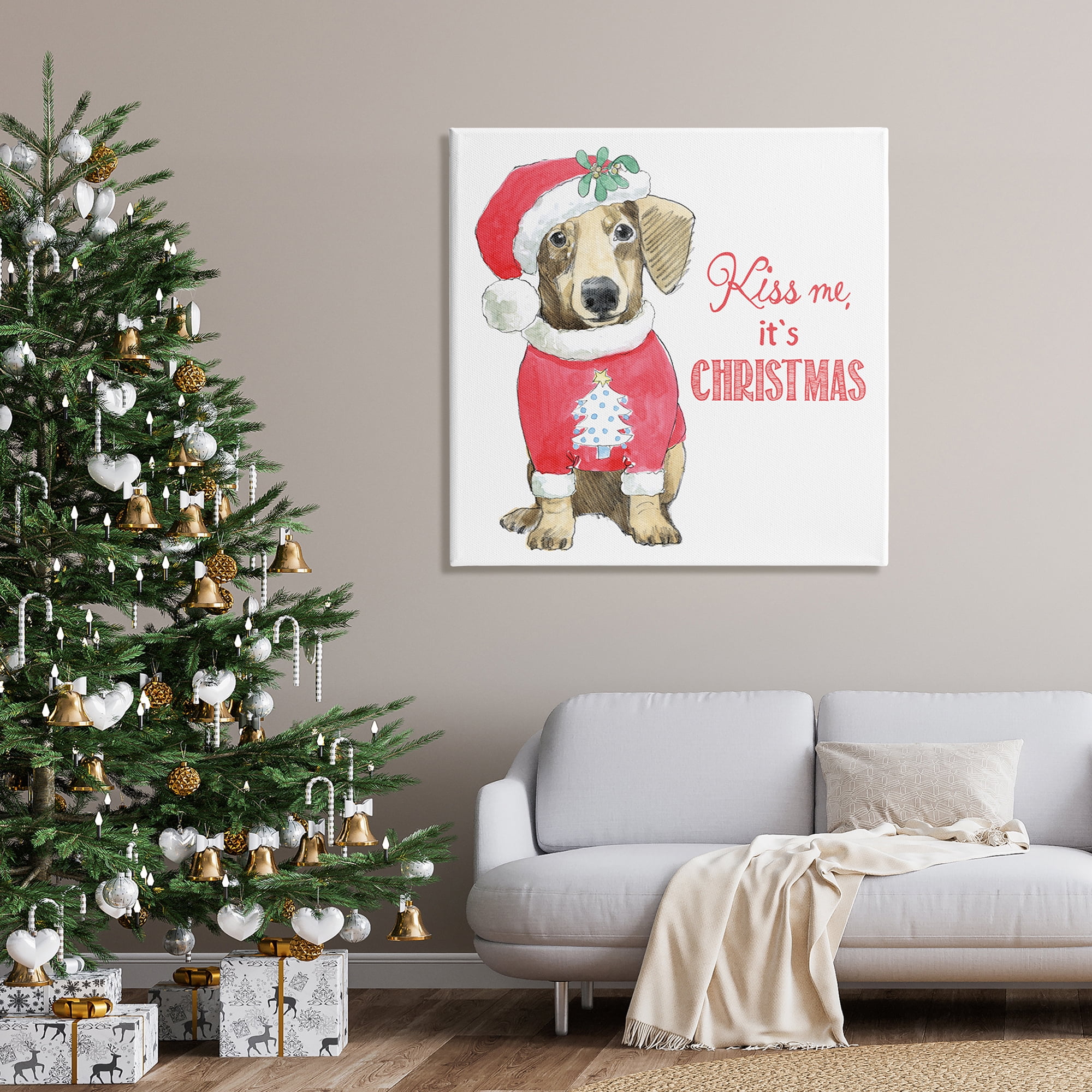 Kiss Me It's Christmas Dog Wearing Holiday Clothes Animals & Insects Graphic Art Gallery-Wrapped Canvas Print Wall Art