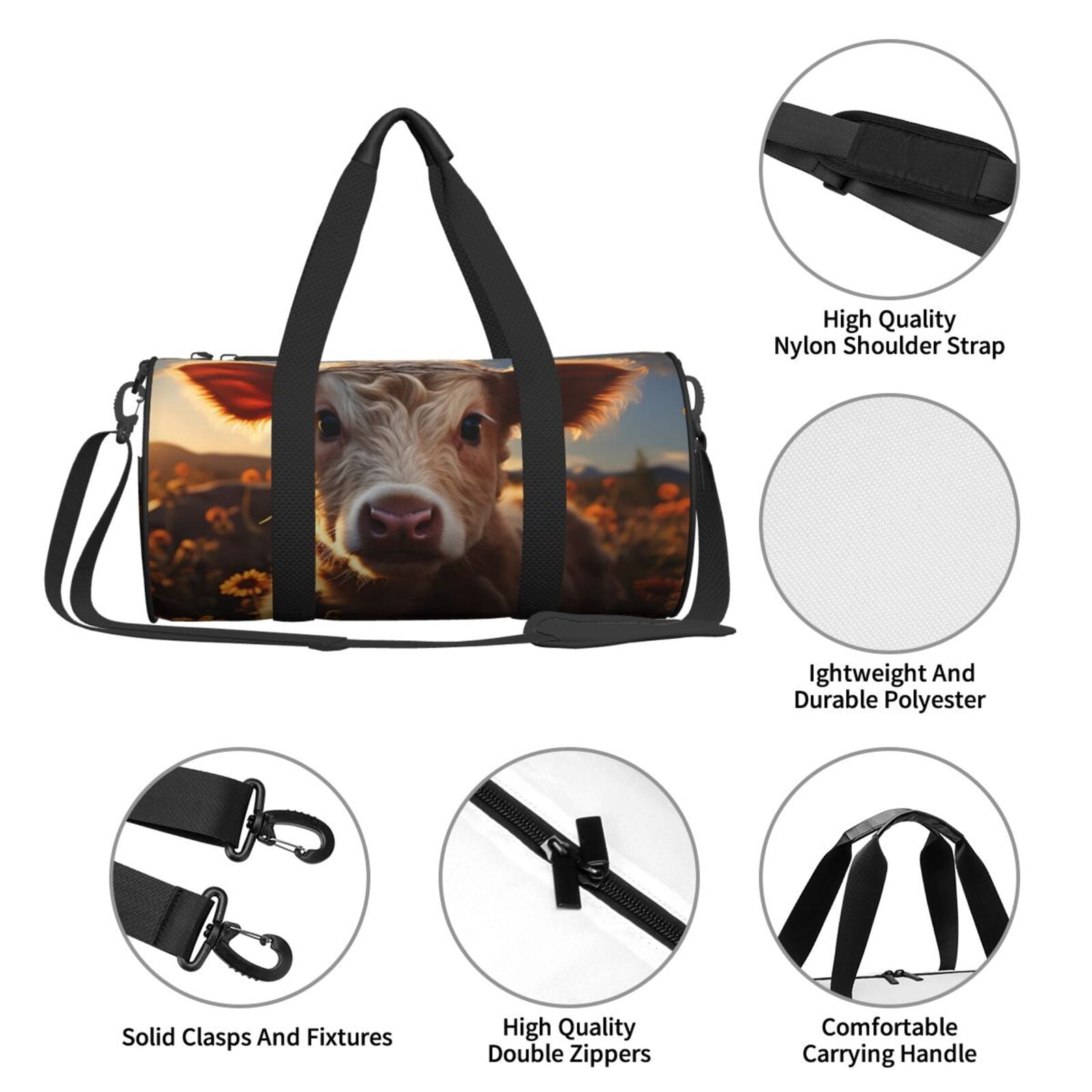 Vsdgher Sunset Sunflower Small Cow 45L Foldable Duffel Bag, Sports Gym Bag,Overnight Bag, Portable Weekender Bag for Airplanes