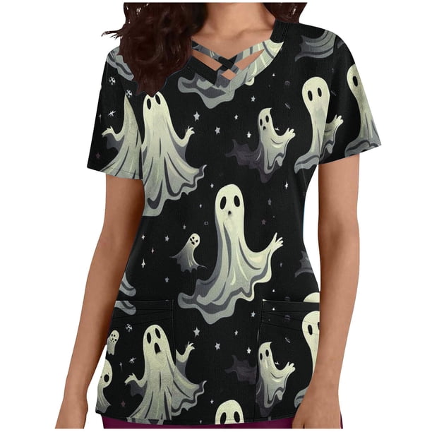 Tops Cortos para las Mujeres, Halloween Impreso en Cuello en V con Bolsillo, Moda Casual Manga Corta