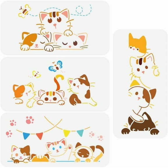4 PCS Peeking Cat Stencil for Painting 11.8x5.9inch Hollowed Cute Cartoon Cats Template with Brush Paw Print Butterfly Painting Stencil Animal Theme Wood Fabric