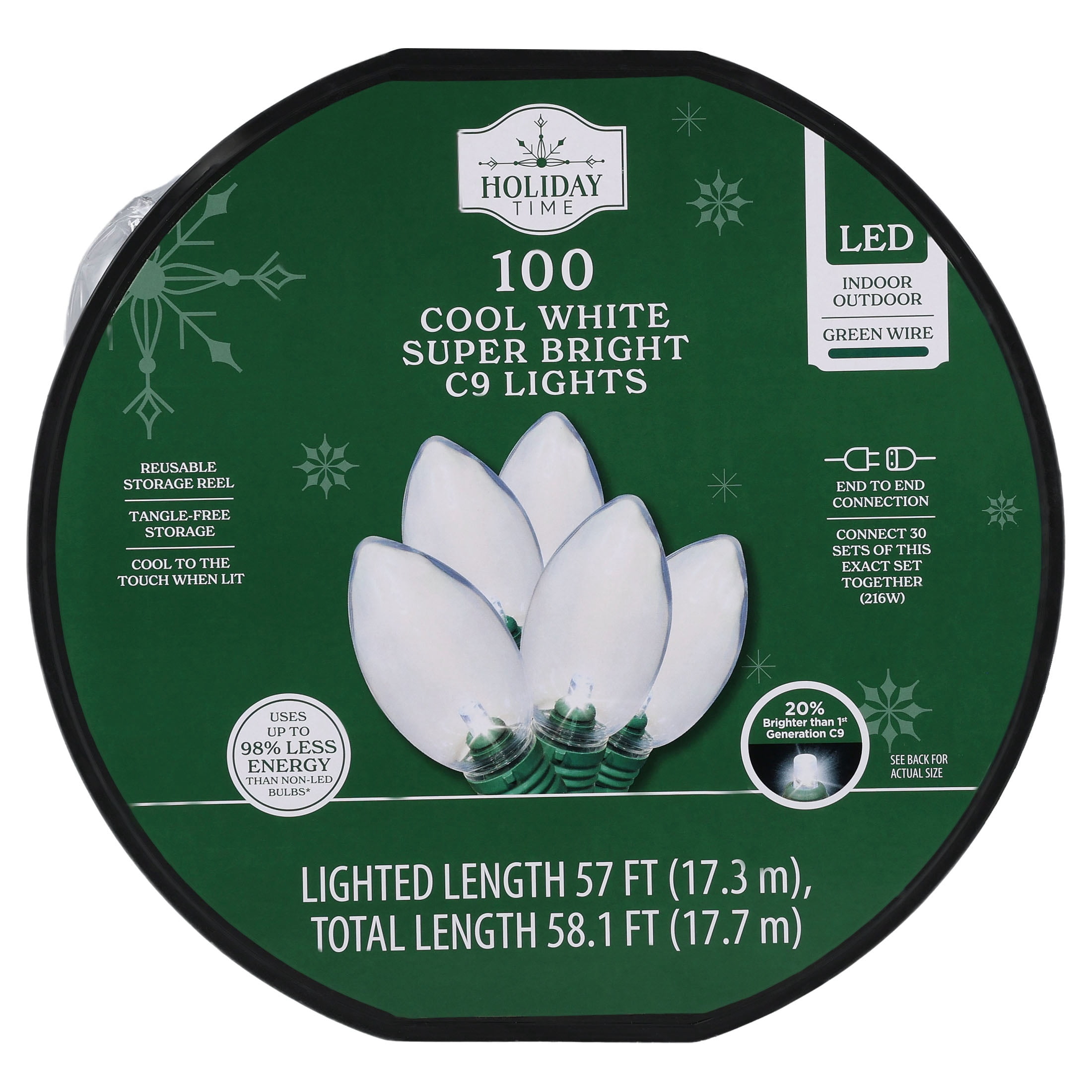 Indoor/Outdoor 100-Count LED Smooth C9 Christmas String Lights, Cool White, Green Wire, 57', by Holiday Time