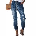 thumbnail image 2 of Pantalones de bolsillo rasgados para mujer Pantalones casuales con cordón lavado en la cintura elástica con cordón de mezclilla Fridja  hfkajh99248, 2 of 7