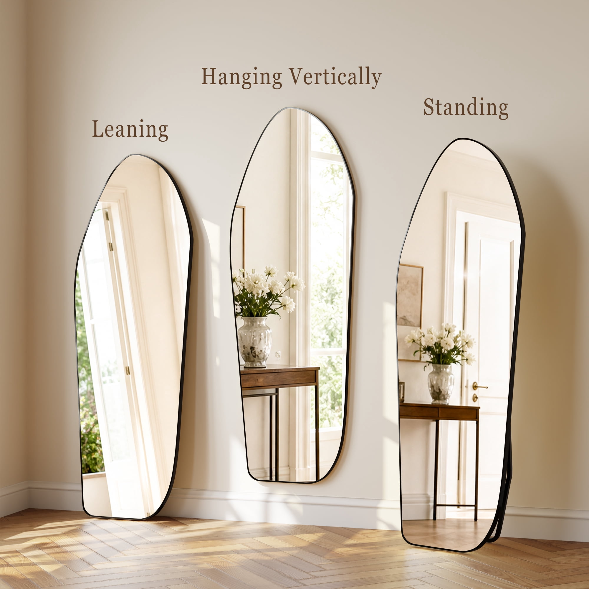 AUROMIR 24"x 67" Full length Irregular Mirror with Alumnium Frame Floor Mirror, Black