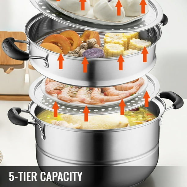 Cuiseur Vapeur Professionnel 3 Niveaux 28cm Acier Inoxydable - Casseroles Avec Couvercle Verre Trempé, Poignées Et Aération