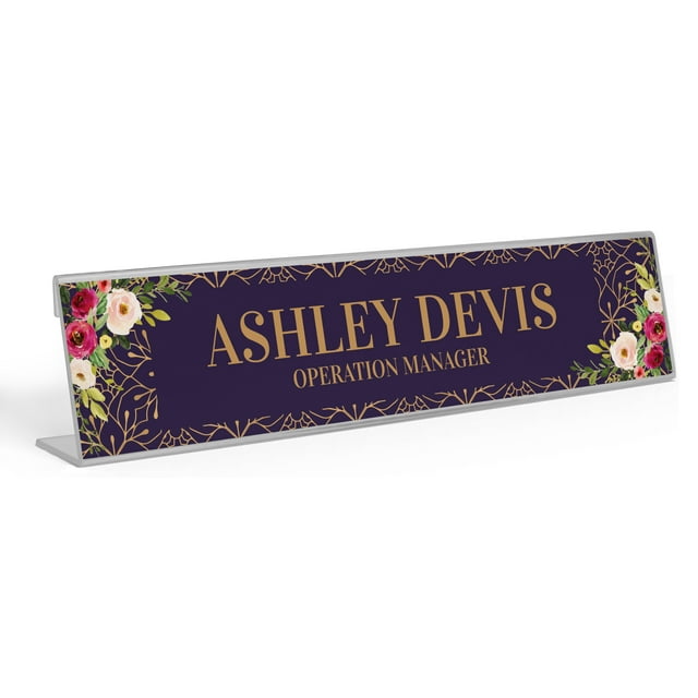 Printtoo Personalized Desk Name Plate Pretty Floral Custom Acrylic Office Desk Name Plate Accessory 2x10 Inches
