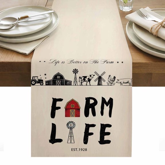 Country Cabin Table Runner - 70 Inch Long, Kitchen Dining Table Runner Dresser Scarves, Vintage Farmhouse Barn Chicken Pig Cow Farmhouse Decor for Coffee Tables Wedding Party Banquet