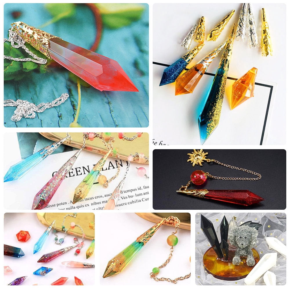 1Set Pendulum Crystal Point Resin Silicone Molds Resin Jewelry Casting Pendulum Molds with Metal Bead Caps Screw Eye Pin Jump Ring Cable Chain Pipette for Resin Jewelry Pendant