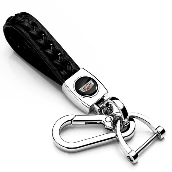 iPick Image for Cadillac Crest Logo Braided Rope Style Genuine Black Leather Key Chain, Official Licensed