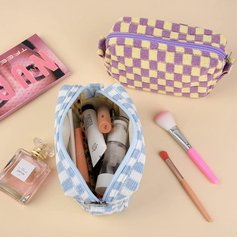 SOIDRAM Makeup Bag Checkered Cosmetic Bag Brown Makeup Pouch 1Pcs