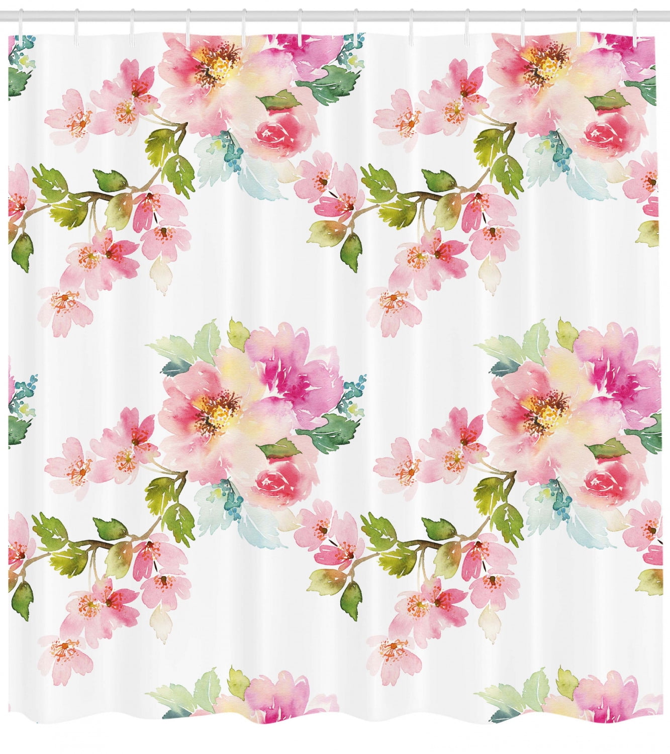 Floral Shower Curtain Chic Flowers Roses Petals Dots Leaves Buds Spring Season