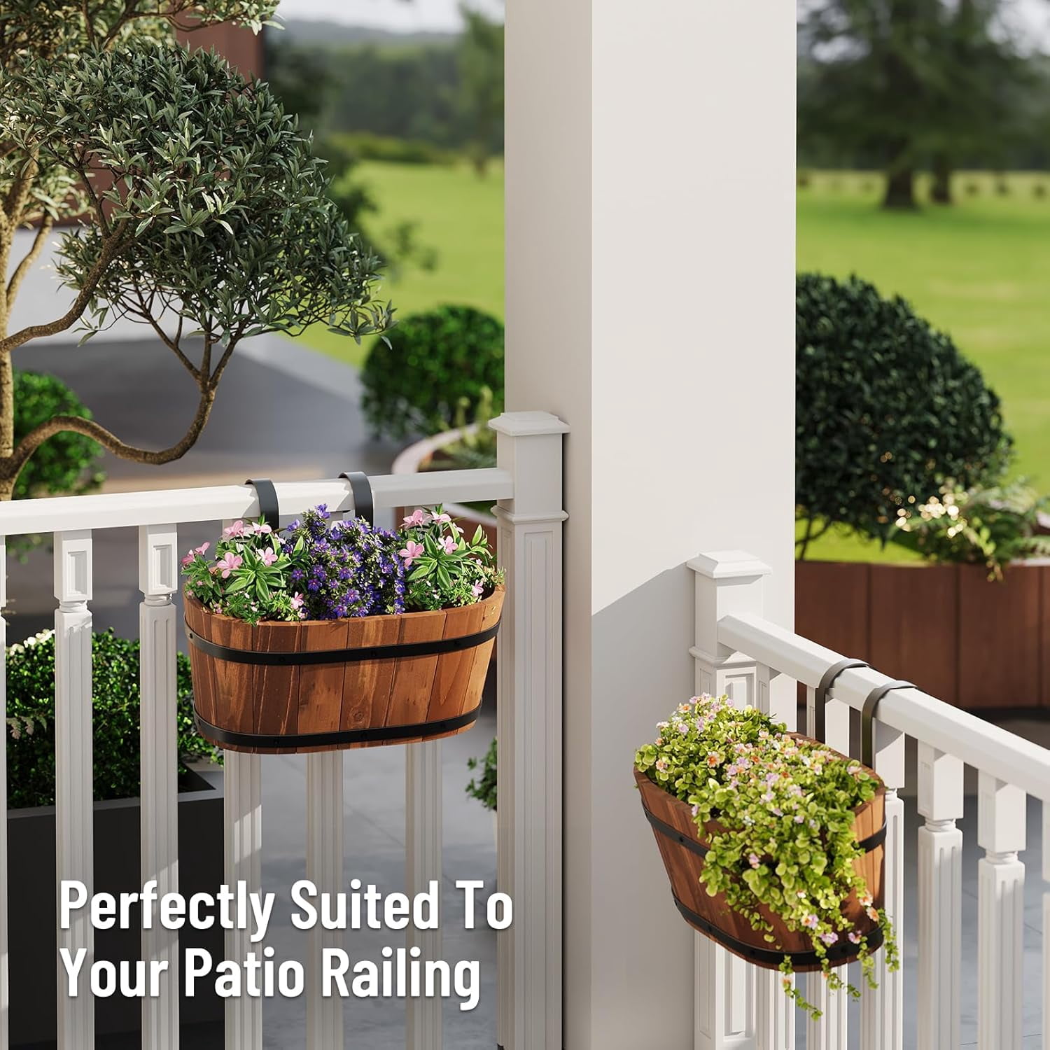 Hanging Wooden Flower Pots, Railing Planter for Any Balcony, Porch or Deck Countryside Style with Detachable Hooks for Garden Yard Home Decor (Brown)