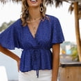 thumbnail image 2 of Camisa de manga corta con cuello en V y lunares para mujer, blusa de gasa holgada de verano con volantes informales a la moda, color azul real L, 2 of 5