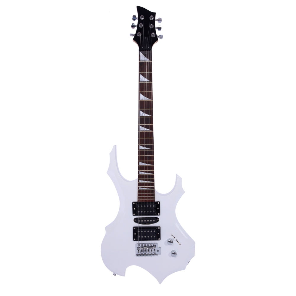 Private Jungle Novice Flame Shaped Electric Guitar HSH Pickup Bag Strap Paddle Rocker Cable Wrench Tool,White