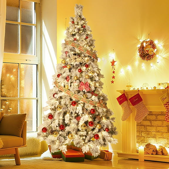Prelit Snow Flocked Spruce Artificial Christmas Tree with Incandescent Warm White Lights & Foldable Stand, Snow Flocked Full Prelighted Xmas Tree Festive Ornamentation, White