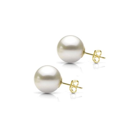 13-14mm White Perfect Round High-Luster Nucleated Freshwater Pearl 14kt Yellow Gold Stud Earrings