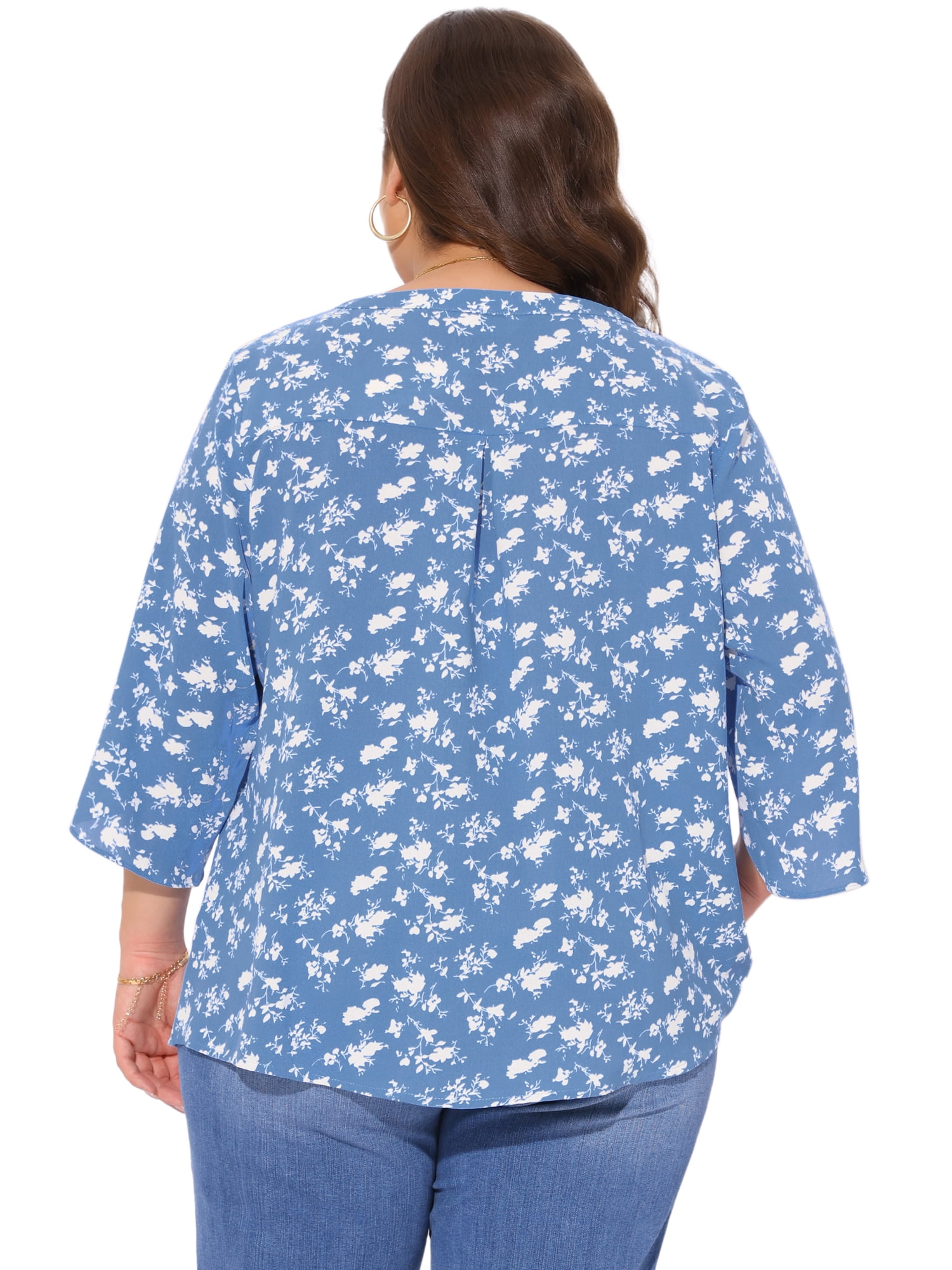 Women's Plus Spring Tops 3/4 Sleeve V Neck Chiffon Work Dressy Casual Shirt 3X Blue